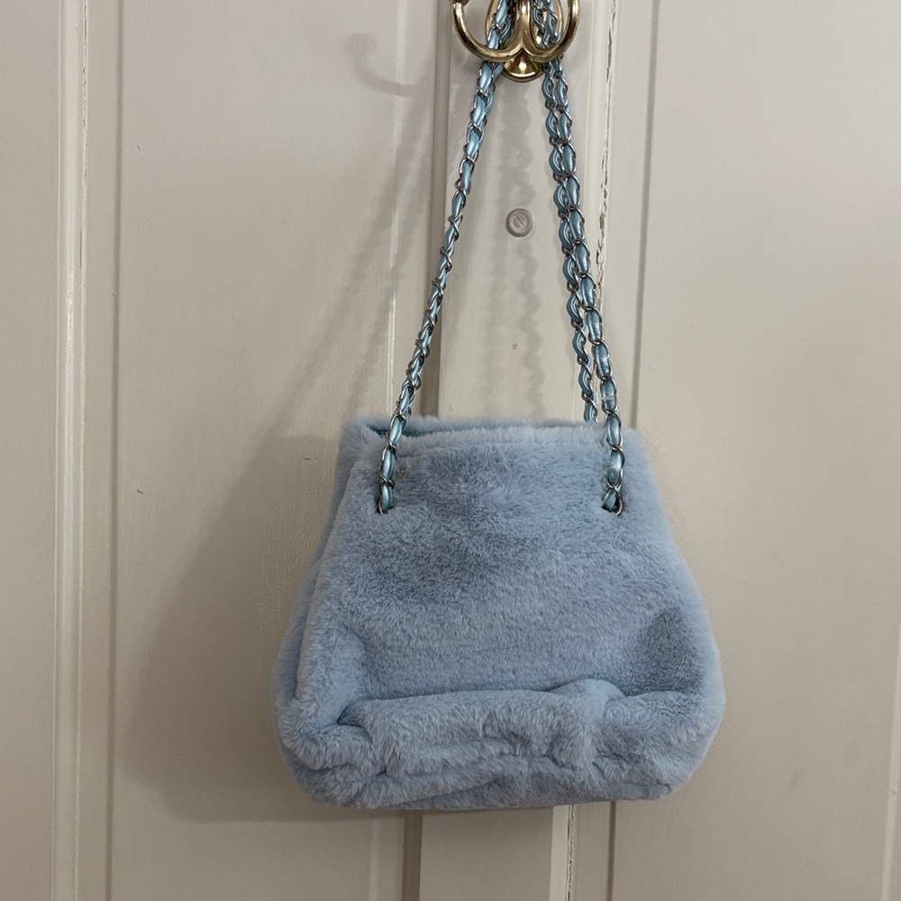Elegant Light Blue Faux Fur Shoulder Bag. Adjustable straps